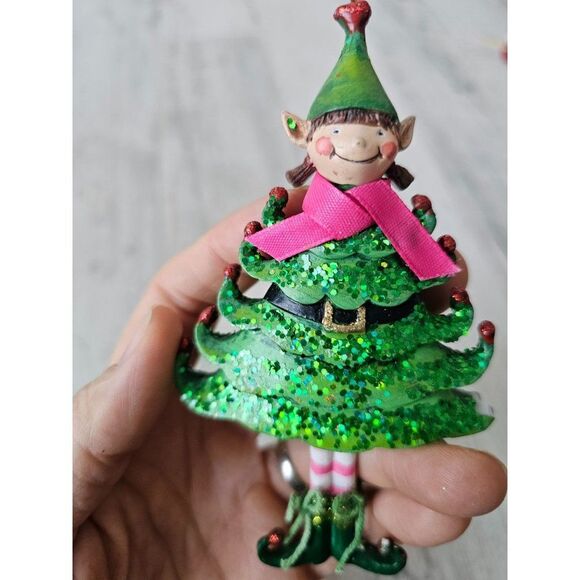 Elf tree girl ornament unique AS IS Xmas green glitter striped - Picture 2 of 8